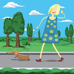 卡通女孩在公园里走狗 坐在手机上折叠女性靴子天空电话女士插图头发细胞小狗宠物图片
