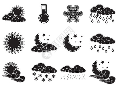 大雨图标夜晚天气颜色图标在白色背景上将黑色设置为黑色天空闪电太阳下雪月亮倾盆大雨雷雨风暴温度计气象背景