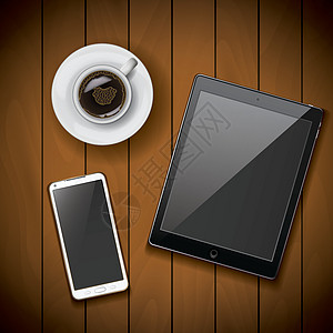 新的现实的移动电话智能手机和平板电脑模型模板 以木本咖啡杯作为咖啡杯咖啡电话杯子软垫展示桌子插图工具飞碟小样图片
