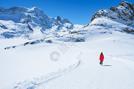 年轻女旅游者看到雪山的美丽景色h顶峰地标冰川晴天首脑蓝色女孩高山假期旅行图片