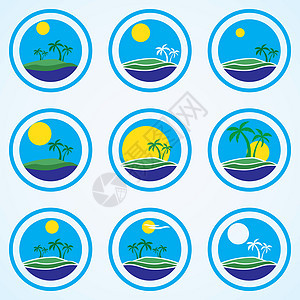 棕榈树和太阳 海滩度假胜地徽标设计模板 热带岛屿或度假图标旅行休息支撑天堂标签娱乐异国棕榈圆圈海岸图片