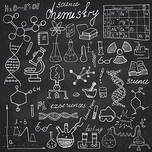 用显微镜 公式 实验等分法 分析工具 黑板背景的矢量图解手绘草图 并用笔画绘制成相形像细胞化学绘画粉笔插图化学品实验室卡通片笔记图片
