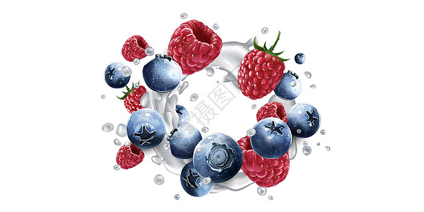 蓝莓和草莓 喷洒酸奶或牛奶味道插图浆果美食食物覆盆子甜点饮料鞭打营养图片