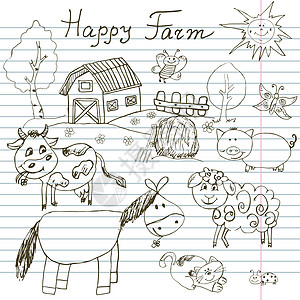 手与马 牛 羊猪和谷仓一起绘制草图 孤立了儿童般的卡通式粗略矢量插图国家哺乳动物手绘谷仓收成绘画村庄农村卡通片农场图片