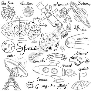 空间涂鸦图标集 手绘草图与太阳系 行星流星和彗星 太阳和月亮 雷达 宇航员火箭和恒星 矢量插图隔离背景宇宙陨石科学旅行太空人火星图片