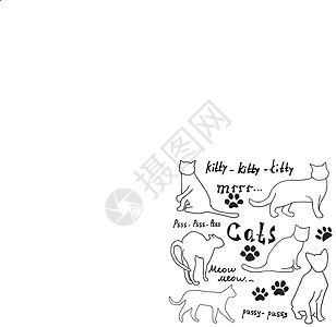 手绘素描猫 silhoets 和痕迹 带刻字的轮廓涂鸦 在白色背景上隔离的矢量图解元素小猫宠物猫咪荒野字体踪迹猫科动物哺乳动物草图片