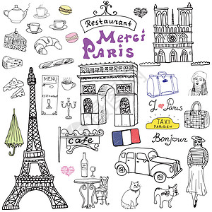 巴黎面条元素 用埃菲尔塔 大咖啡馆 出租车三角拱门 圣母殿大教堂 角形构件 猫和法国斗牛犬绘制的手画 在白色上被孤立面包草图旅行图片