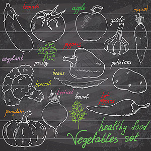 Vegetebles 设置素描与 punpkin 西红柿 eegplant potatoe 辣椒 涂鸦集刻字 黑板背景手绘矢量图图片