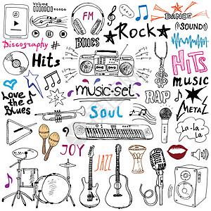 音乐项目涂鸦图标集 手绘草图 包括音符 乐器 麦克风 吉他 耳机 鼓 音乐播放器和音乐风格字母符号 矢量插图 孤立绘画高音笔记合图片