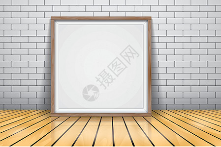 模型展示框招牌站在光滑的木地板上 白板木框反射横幅框架插图木板笔记海报木头嘲笑正方形图片
