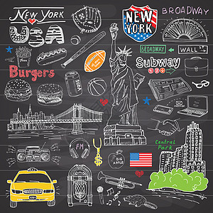 手绘地标纽约市涂鸦元素集合 手绘套装 出租车 咖啡 热狗 汉堡 自由女神像 百老汇 音乐 咖啡 报纸 曼哈顿桥 中央公园 在黑板上草图城背景