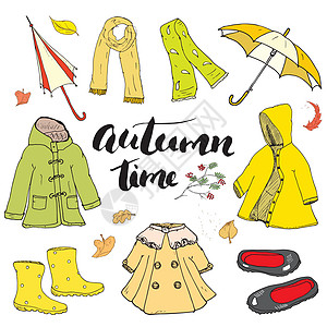 秋季服装组装 手画面条和字母矢量图示靴子草图明信片雨衣收藏插图涂鸦季节天气衣服图片
