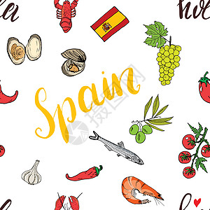 西班牙无缝图案面条 Hand绘制了西班牙素描的鱼虾 橄榄 葡萄 旗帜和字母 矢量说明背景棕榈字体食物涂鸦国家包装手绘假期盘子海鲜图片