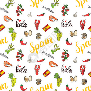 西班牙无缝图案面条 Hand绘制了西班牙素描的鱼虾 橄榄 葡萄 旗帜和字母 矢量说明背景书法插图涂鸦刻字手绘食物棕榈旅行打印胡椒图片