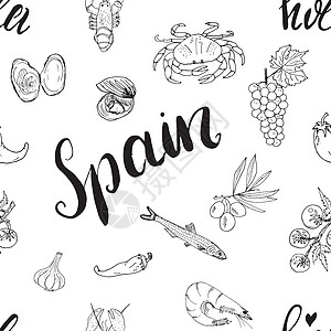 西班牙无缝图案面条 Hand绘制了西班牙素描的鱼虾 橄榄 葡萄 旗帜和字母 矢量说明背景假期旅行涂鸦文化玫瑰打印书法胡椒海鲜刻字图片