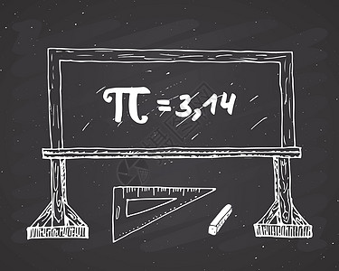 Pi 符号手画图标 在黑板背景的学校布莱克板矢量插图上的 Grunge书法数学符号方程工程科学学习几何学手绘技术大学比率标签图片