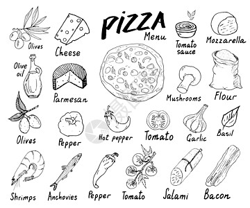 比萨菜单手绘素描集 披萨准备设计模板 包括奶酪 橄榄 意大利腊肠 蘑菇 西红柿 面粉和其他配料 在白色背景上隔离的矢量图烤箱书法图片