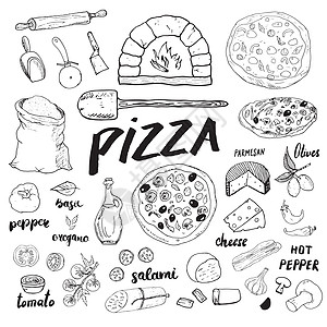披萨制作设计模板 配有奶酪 橄榄 腊肠 蘑菇 西红柿 面粉和其他成份 在白色背景上隔绝的矢量图解说明涂鸦蔬菜烤箱香肠菜单厨房烹饪图片