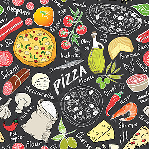 披萨无缝图案手绘草图 比萨涂鸦食物背景与面粉和其他食品配料 烤箱和厨房工具 矢量图菜单胡椒小吃绘画烹饪餐厅墙纸插图香肠图片