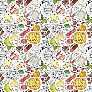 披萨无缝图案手绘草图 比萨涂鸦食物背景与面粉和其他食品配料 烤箱和厨房工具 矢量图插图餐厅绘画香肠烹饪小吃菜单墙纸胡椒图片