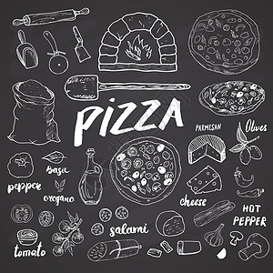 比萨菜单手绘素描集 披萨准备设计模板 包括奶酪 橄榄 意大利腊肠 蘑菇 西红柿 面粉和其他配料 在白色背景上隔离的矢量图餐厅绘画图片