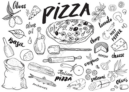 披萨制作设计模板 配有奶酪 橄榄 腊肠 蘑菇 西红柿 面粉和其他成份 在白色背景上隔绝的矢量图解说明午餐插图绘画香肠手绘烹饪草图图片