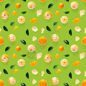 普通话无缝图案 橘子和克蕾婷 以绿色背景与绿叶隔绝 收集完好的无缝图案异国橙子模式水果作品收藏墙纸情调柑桔食物图片