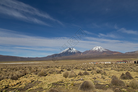 玻利维亚Sajama村和火山景观文化石头建筑学旅游村庄公园生活广场吸引力农村图片