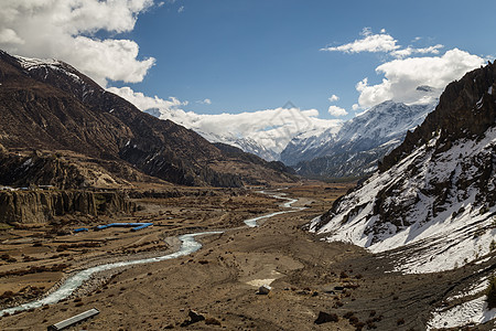 Annapurna巡回赛马农村谷地景象顶峰远足电路岩石村庄风景国家旅行冰川阳光图片