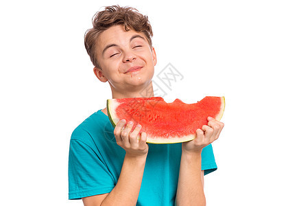 黄瓜白西瓜的少年男孩小吃营养水果快乐微笑饮食享受幸福食物情感图片