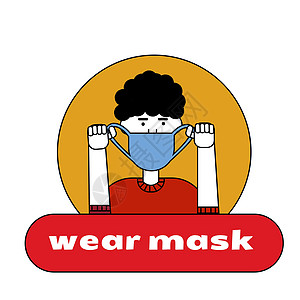 男人将面具戴在她的脸上 入口前的贴纸 海报 标语 上面写着医用口罩图片