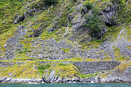 挪威美丽的山地和峡湾景观 挪威的奥兰斯福德索格涅夫霍德岩石爬坡风景山脉海岸蓝色远足全景旅行天气图片