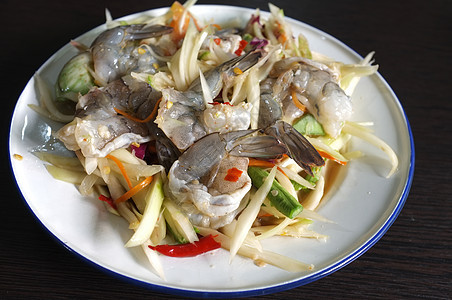 泰国绿色木瓜沙拉 配有生虾或海鲜桌子美食小吃烹饪食物蔬菜盘子菜单辣椒图片