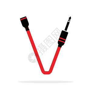 由插孔电缆或电线形成的字母 V 字母徽标 用于您的音频 声音或音乐应用程序或企业标识的矢量设计模板元素 在白色背景上隔离的标志或图片