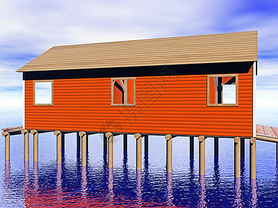 水边的木制船屋天桥行人房子阴影靴舍窝棚海滩运动涂鸦高跷图片