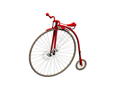带有超大前轮的红色古董自行车辐条运动金属车轮踏板车把瘢痕图片