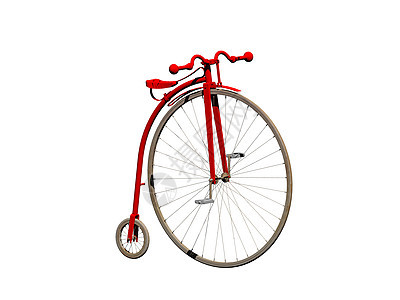 带有超大前轮的红色古董自行车运动车轮金属辐条瘢痕踏板车把图片
