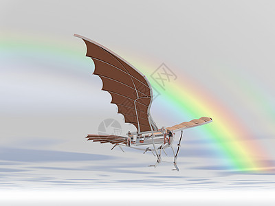 天空有翅膀的古董飞机金属织物力学飞行纺织品彩虹背景图片
