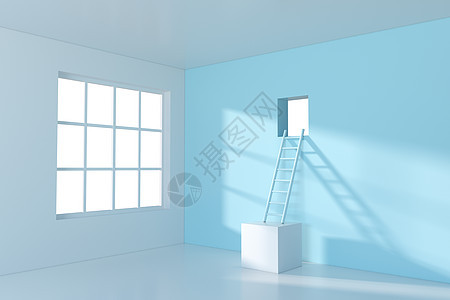 有梯子的概念室 通往外面的3D感应室房子入口监狱空白进步住宅概念渲染楼梯蓝色图片