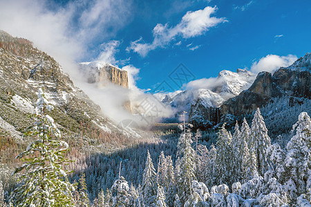 在卡利福州Yosemite国家公园冬季的美丽景色松树国家瀑布风暴荒野蓝色石头船长高山山脉图片