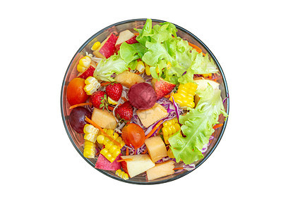水果沙拉和蔬菜在碗里 白本孤立午餐美食营养浆果洋葱黄瓜维生素叶子热带饮食图片