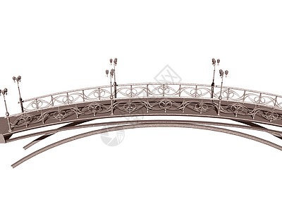 横跨水面的长拱桥棕色树枝格栅蓝色金属栏杆图片