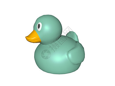 浴室里的绿塑料鸭子浴鸭游泳蓝色黄色玩具背景图片