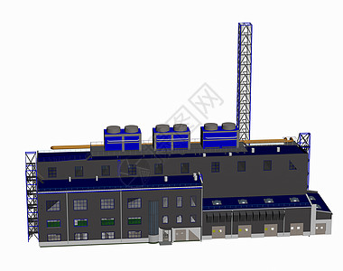 有烟囱的大工厂电缆建筑公司大厅框架采光格栅通风蓝色背景图片