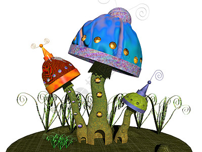 作为侏儒住所的彩色卡通蘑菇植物公寓漫画红色蓝色入口绿色矮人图片
