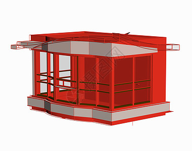 装有玻璃窗的亭子红色树枝候亭金属玻璃屋面建筑销售室图片