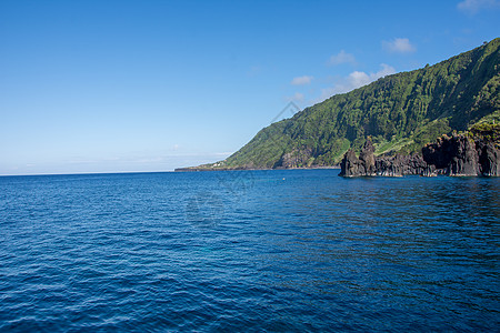 在亚速尔群岛上行走 发现亚速尔州Sao Jorge岛海洋绣球花鲸目动物火山旅行荒野鸭子喷气全景图片