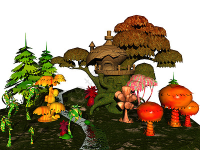 有着蘑菇和侏儒屋的童话般风景黄色树屋红色植物溪流绿色树木漫画森林草地图片