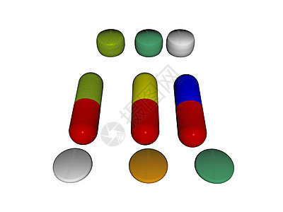 桌上彩色药片和平板药蓝色电脑红色疾病科学黄色绿色药品健康背景图片