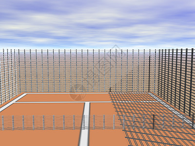 Ash网球法院 设有标志和栅栏网球运动场比赛闲暇网球场红色球类运动红土天空图片